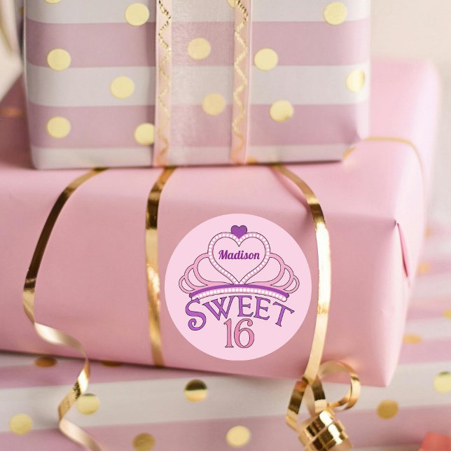 Sweet Sixteen Cute Tiara Pink Birthday Party Classic Round Sticker (Creator Uploaded)