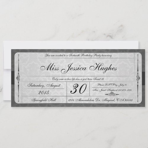 Sweet Sixteen Damask Ticket Invitation