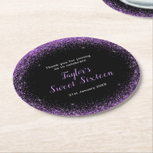 Sweet Sixteen Dark Purple Faux Glitter Round Paper Coaster