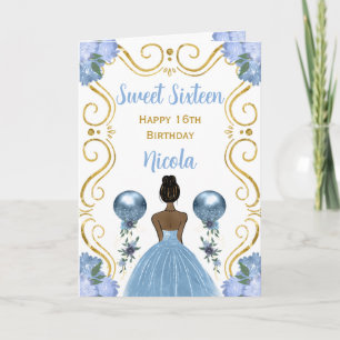 Sweet Sixteen Dark Skin Princess Blue Birthday Card