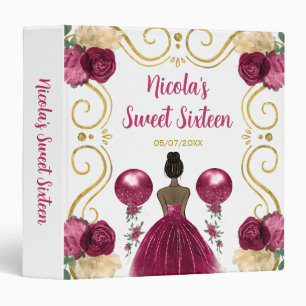 Sweet Sixteen Dark Skin Princess in Burgundy 3 Ring Binder