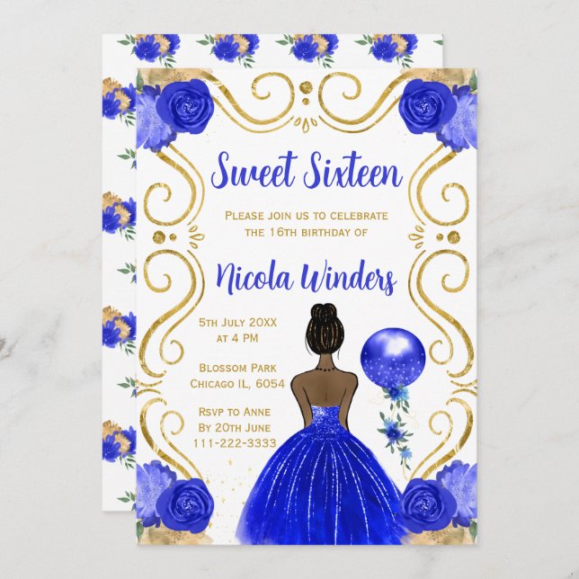 Sweet Sixteen Dark Skin Princess in Royal Blue Invitation (Front/Back)