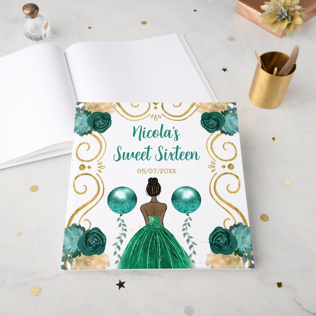 Sweet Sixteen Dark Skin Princess in Teal Guest Book (Front Open)