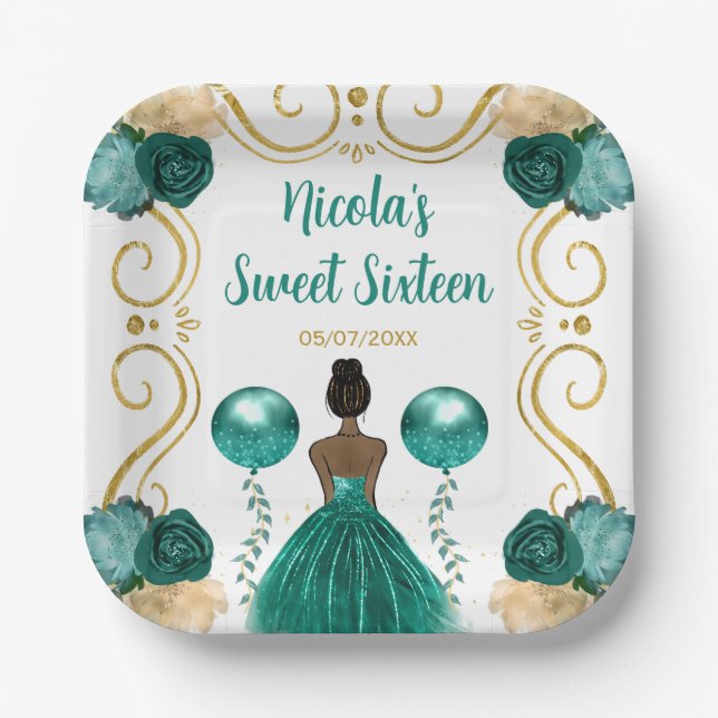 Sweet Sixteen Dark Skin Princess in Teal Paper Plates (Front)