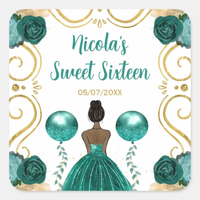 Sweet Sixteen Dark Skin Princess in Teal Square Sticker (Front)