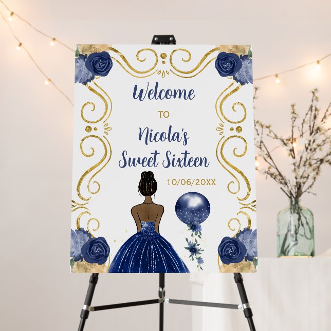 Sweet Sixteen Dark Skin Princess Navy Welcome Foam Board (In Situ (Stand))