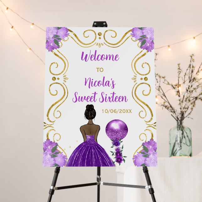 Sweet Sixteen Dark Skin Princess Purple Welcome Foam Board (In Situ (Stand))