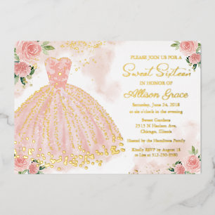 Sweet Sixteen Delicate Blush Gown Gold Foil Invitation
