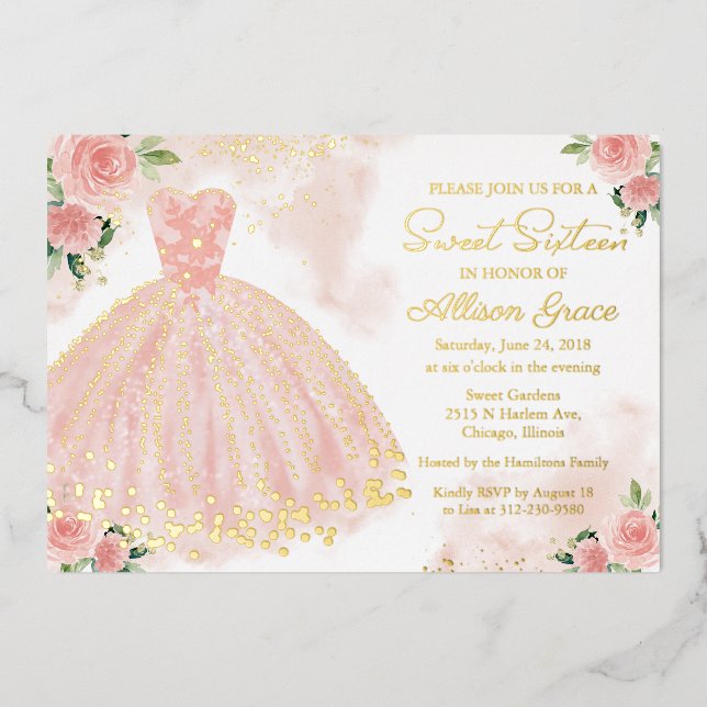 Sweet Sixteen Delicate Blush Gown Gold Foil Invitation (Front)