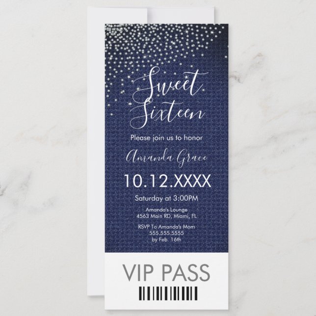 Sweet Sixteen Denim Diamonds Gem Ticket Invitation (Front)