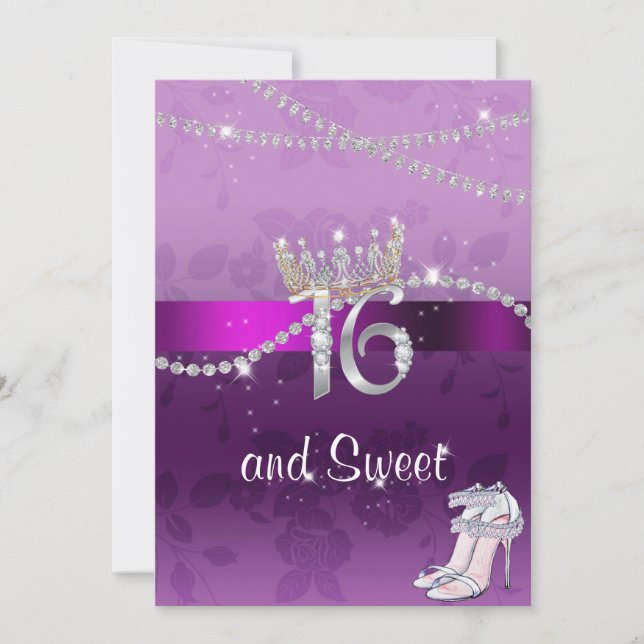 Sweet Sixteen Diamonds Crown High Heels Purple Invitation (Front)