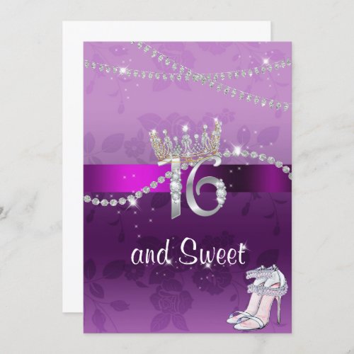 Sweet Sixteen Diamonds Crown High Heels Purple Invitation
