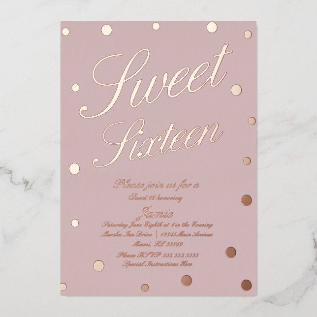 Sweet Sixteen Dots Blush Gold Pressed  Foil Invitation (Front)