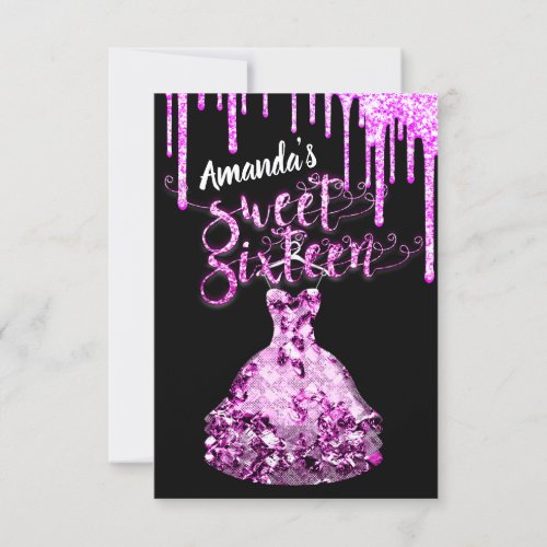 Sweet Sixteen Dress Glitter Drip Pink Drips Black  Invitation