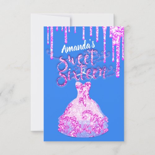 Sweet Sixteen Dress Glitter Drip Pink Drips Blue Invitation