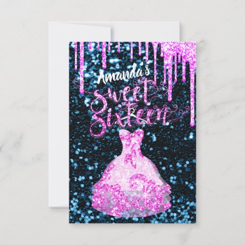 Sweet Sixteen Dress Glitter Drip Pink Drips Blue Invitation