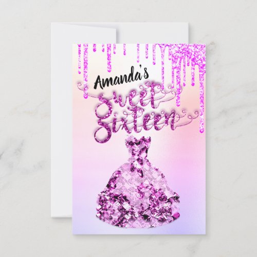 Sweet Sixteen Dress Glitter Drip Pink Drips Ombre  Invitation