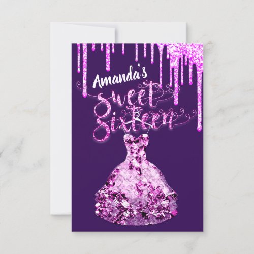 Sweet Sixteen Dress Glitter Drip Pink Drips Plum Invitation