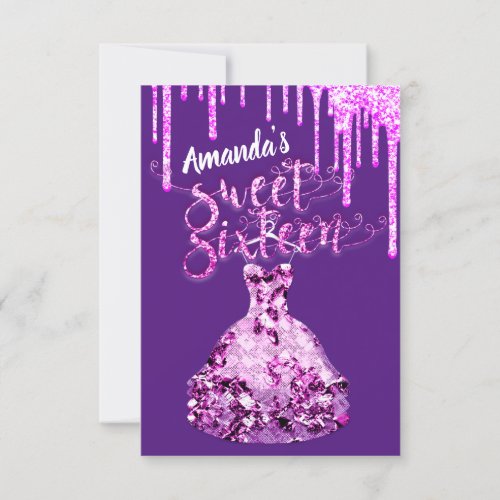 Sweet Sixteen Dress Glitter Drip Pink Drips Purple Invitation