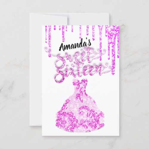 Sweet Sixteen Dress Glitter Drip Pink Drips White  Invitation