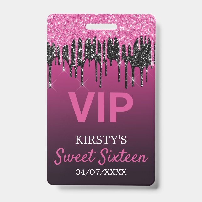 Sweet Sixteen Dripping Glitter Birthday Party Badge (Front)