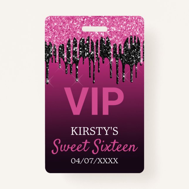 Sweet Sixteen Dripping Glitter Birthday Party Badge (Front)