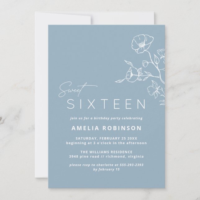 Sweet Sixteen Dusty Blue Airy Floral 16th Birthday Invitation (Front)