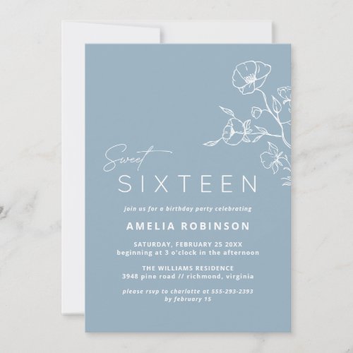 Sweet Sixteen Dusty Blue Airy Floral 16th Birthday Invitation
