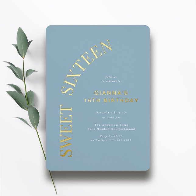 Sweet Sixteen | Dusty Blue and Gold 16th Birthday Foil Invitation (Creator Uploaded)