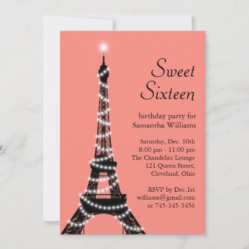 Sweet Sixteen Eiffel Tower Invitation in coral