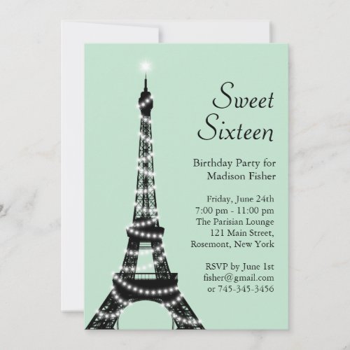 Sweet Sixteen Eiffel Tower Invitation in mint