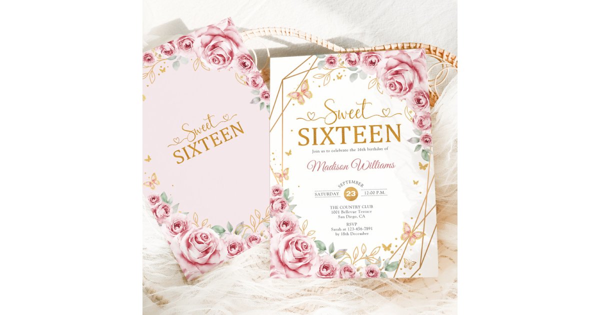 Sweet 16 Pink Roses Sweet Sixteen Elegant Chic Pink Roses Gold Invitation | Zazzle