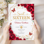 Sweet Sixteen Elegant Chic Red Roses Gold Invitation<br><div class="desc">Red,  gold and white Sweet Sixteen celebration invitation. Features script font,  gold butterflies,  red roses and tiara. Perfect for an elegant princess style glam Sweet 16 birthday celebration. Personalize with your own details. Printed Zazzle invitations or instant download digital printable template.</div>