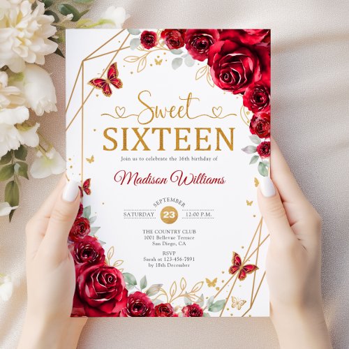  Sweet Sixteen Elegant Chic Red Roses Gold Invitation