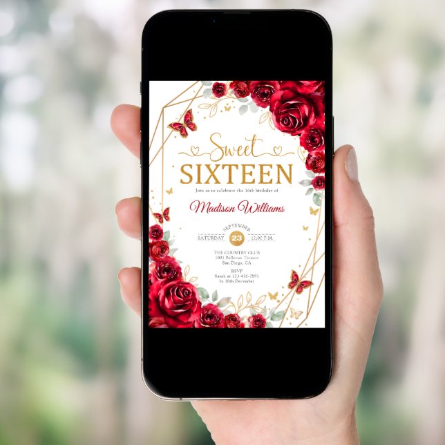  Sweet Sixteen Elegant Chic Red Roses Gold Invitation (Front Digital)