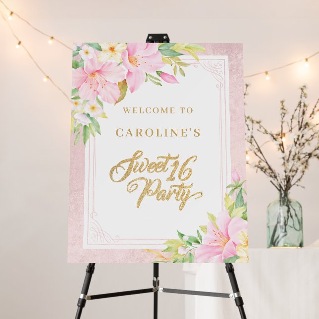 Sweet Sixteen Elegant Floral Blush Pink Welcome Foam Board (In Situ (Stand))