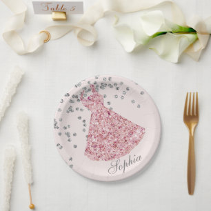 Sweet Sixteen Elegant Pink Sparkle Dress Modern Paper Plates