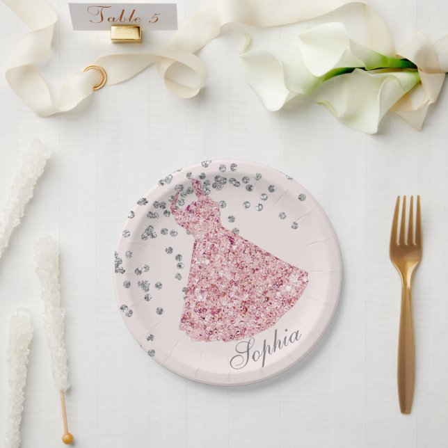 Sweet Sixteen Elegant Pink Sparkle Dress Modern Paper Plates (Wedding)