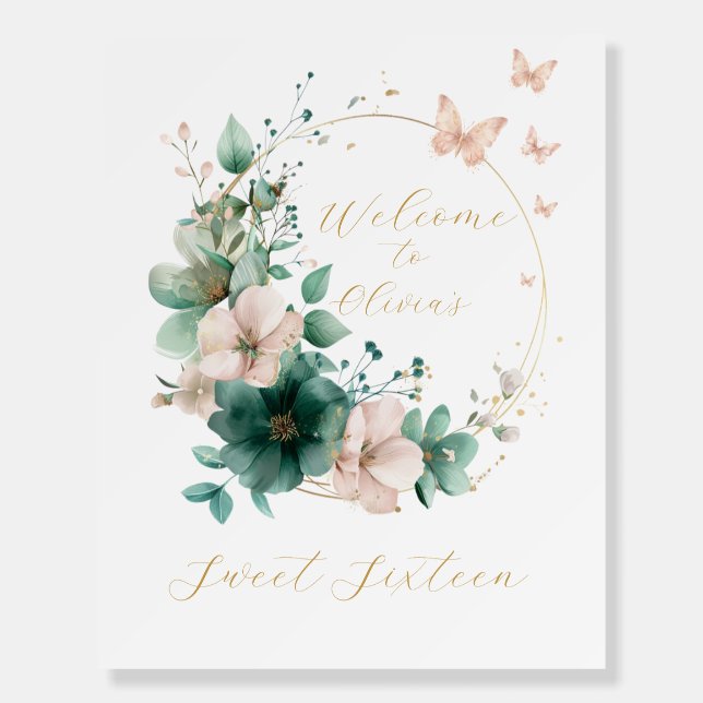 Sweet Sixteen Emerald Floral Pink Welcome Sign (Front)