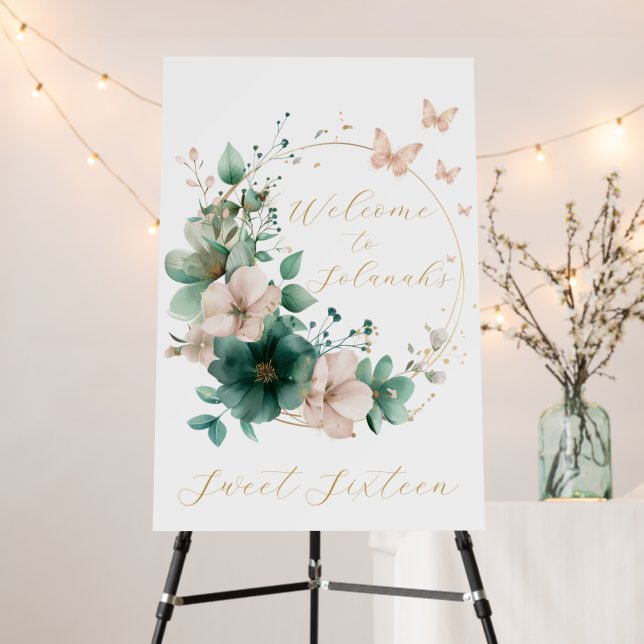 Sweet Sixteen Emerald Floral Pink Welcome Sign (In Situ (Stand))
