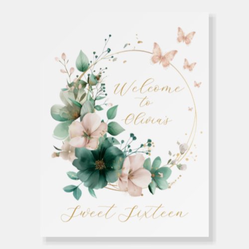 Sweet Sixteen Emerald Floral Pink Welcome Sign