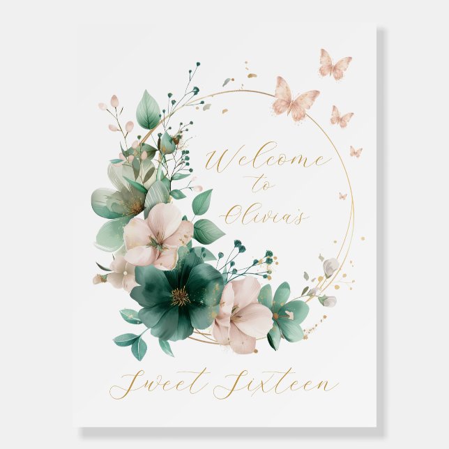 Sweet Sixteen Emerald Floral Pink Welcome Sign (Front)