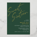 Sweet Sixteen Emerald Green and Gold 16th Birthday Foil Invitation<br><div class="desc">Modern and cool 16th birthday invitations with heading "Sweet Sixteen" text in gold foil on a contrasting dark green background. The reverse side features a pattern of the word "sixteen" in coordinating script. The reverse side pattern, as well as the background color, can be changed by using the design tool....</div>