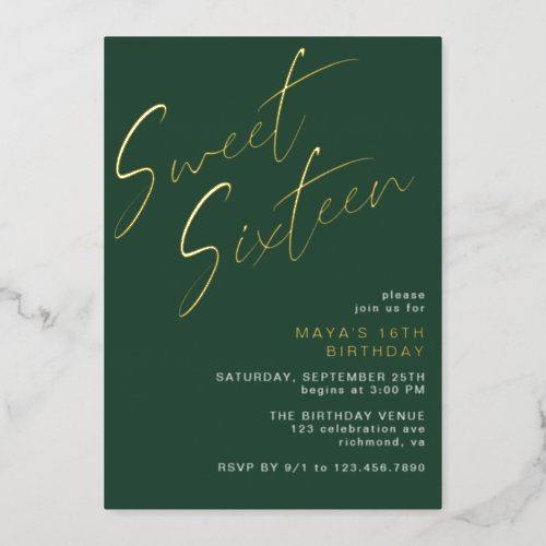 Sweet Sixteen Emerald Green and Gold 16th Birthday Foil Invitation