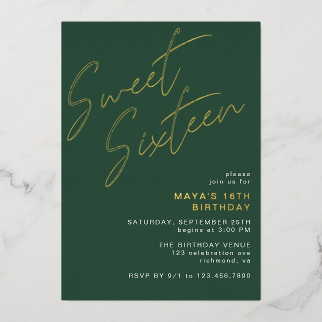 Sweet Sixteen Emerald Green and Gold 16th Birthday Foil Invitation (Front)
