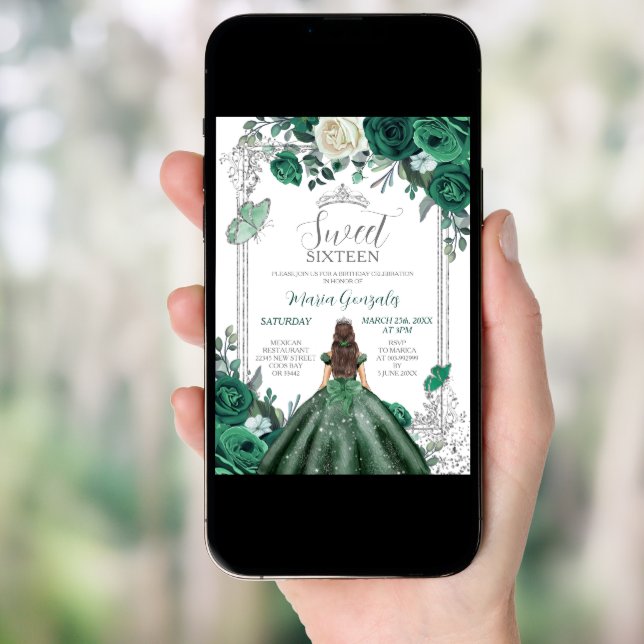 Sweet Sixteen Emerald Green & Silver Birthday  Invitation (Front Digital)