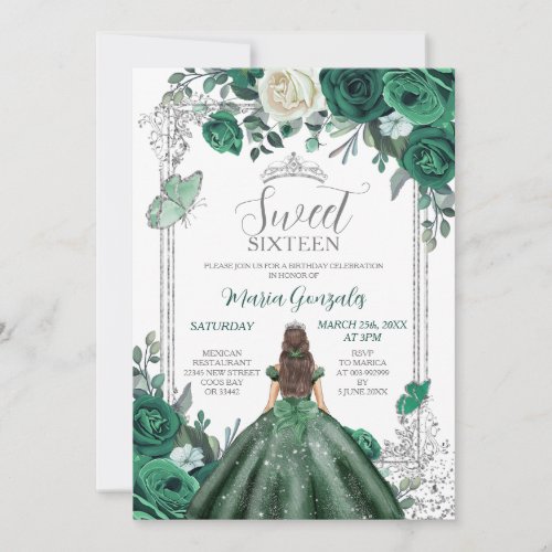Sweet Sixteen Emerald Green  Silver Birthday  Invitation
