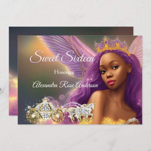 Sweet Sixteen Fairytale Purple Pink Gold Carriage  Invitation