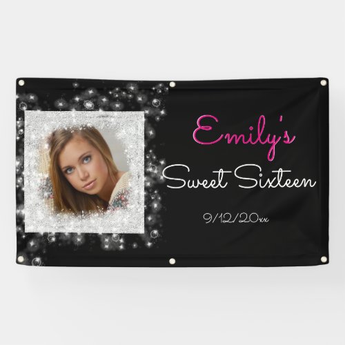 Sweet Sixteen Faux Glitter Custom Photo Banner