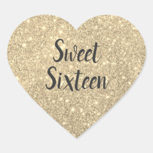 Sweet Sixteen Faux Gold Glitter Heart Sticker